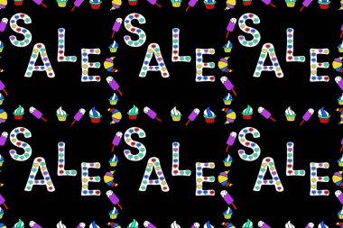 Raster Reklamcılık Mor, siyah ve beyaz renkler üzerine. Parlak Renkli Arkaplan Üzerine El Yazması Metni. Yaz Satışı Bayrağı Tasarımı. Kusursuz desen.