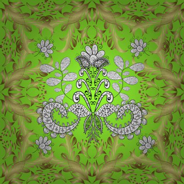 Tarafsız, yeşil ve sarı renklerde altın desenli altın elementler. Vektör altın pürüzsüz desen. Düz elle çizilmiş klasik koleksiyon. Arkaplan, kumaş, altın çizim.