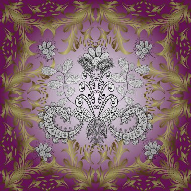 Doğu tarzı element. Altın element mor, sarı renkler. Altın desenli çiçek dekoru. Tasarım şablonu için vektör çizgisi sınırsız sınır. Davetiyeler, kartlar, sertifika için vektör çizimi.