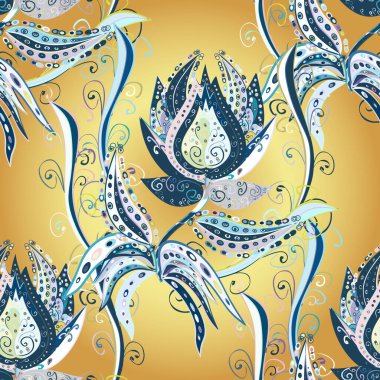 Çiçeklerle kusursuz desen. Mavi, sarı ve nötr renklerde çiçekler. Suluboya çizimi. El çizimi.