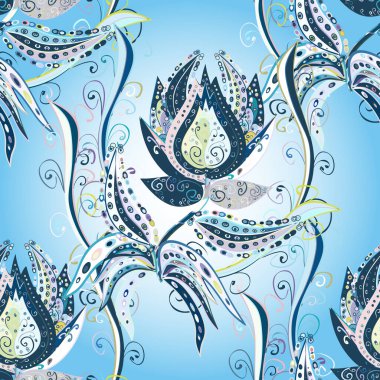 Çiçeksiz desenli nakış işlemeli gelincikler ve vadideki zambaklar. Tekstil tasarımı için nötr, gri ve mavi renkli geleneksel halk çiçekleri buketi.