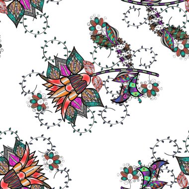 Miles Fleur, süslü püslü bir süs. Kusursuz bir geçmişi var. Vektör çizimi. Eski usul. Tomurcukları papatya çiçekleri olan sevimli bir çiçek deseni. Kumaş, tekstil ve çizim için.