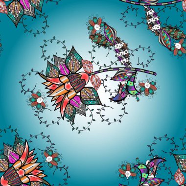 Çiçek arkaplan. Renkli, pürüzsüz desen. Vektör çizimi. Tarafsız, siyah ve mavi renklerde şirin tekstil tarzında. Çiçek çizimi.