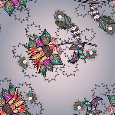 Çocuksu tasarım. Tekstil, kumaş, ambalaj, hatıra defteri için hoş bir çiçek arkaplanı. Elle çizilmiş karalama çiçekleriyle kusursuz bir desen. Tarafsız, siyah ve gri arkaplanda.