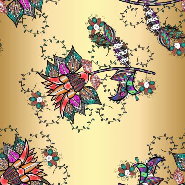 Bir sürü siyah, bej ve sarı soyut çiçekli tropik, pürüzsüz desen. Küçük çiçekteki sevimli çiçek deseni. Varicoloblack, bej ve sarı vektör pürüzsüz çizim.