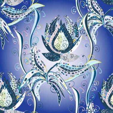 Ev dekorasyonu. Fantezi çiçekler, doğal kroki, çiçek dekorasyon curl illüstrasyon ile Seamless modeli. Desenli baskı el çizilmiş öğeleri.