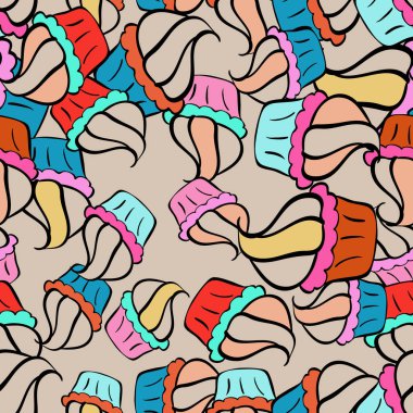 Vektör. Kusursuz, şenlikli pastalar ve alışılmadık tasarımın leziz kekleri. Mavi, bej ve siyah üzerine şirin bir doğum günü deseni.