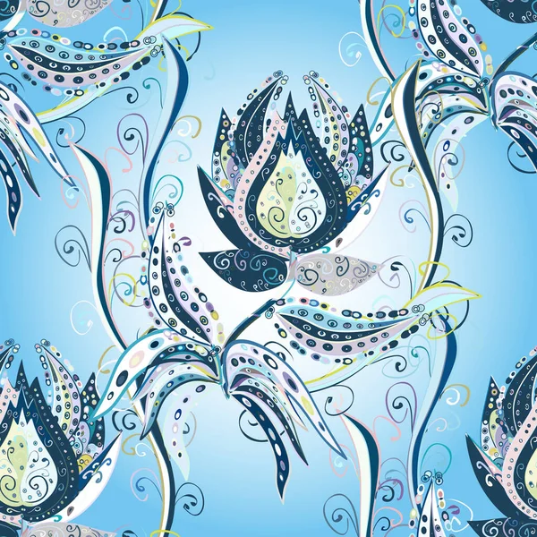 Çiçeksiz desenli nakış işlemeli gelincikler ve vadideki zambaklar. Tekstil tasarımı için nötr, gri ve mavi renkli geleneksel halk çiçekleri buketi.