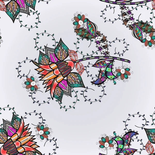 Küçük çiçekli basit, dikişsiz desen. Siyah, nötr ve gri renkli şirin çiçekler. Moda baskısı, albüm, ambalaj kağıdı ve çizim için zarif dekoratif süslemeler. Vektör çizimi.