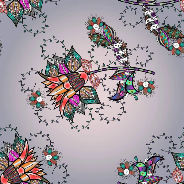 Çocuksu tasarım. Tekstil, kumaş, ambalaj, hatıra defteri için hoş bir çiçek arkaplanı. Elle çizilmiş karalama çiçekleriyle kusursuz bir desen. Tarafsız, siyah ve gri arkaplanda.