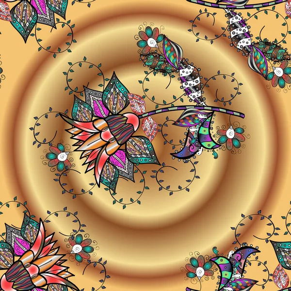 Kusursuz bir arka plan modeli. Yapraklı çiçekler ve bej, siyah ve kahverengi renkte papatya çiçekleri. Vektör - stok.