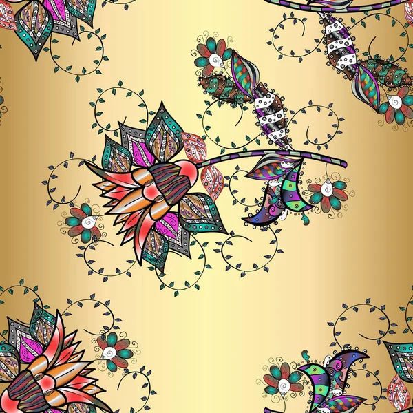 Bir sürü siyah, bej ve sarı soyut çiçekli tropik, pürüzsüz desen. Küçük çiçekteki sevimli çiçek deseni. Varicoloblack, bej ve sarı vektör pürüzsüz çizim.