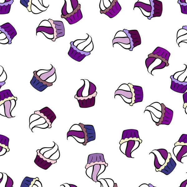 Vektör çizimi. Sweets arka plan tasarımı. Açık siyah, beyaz ve mor kapkek desenli. Siyah, beyaz ve mor üzerine şirin bir doğum günü geçmişi var..