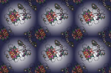 Küçük çiçekteki sevimli çiçek deseni. Raster deseni. Yumuşak, yaz çiçekleri mor, gri ve nötr renklerde. Raster illüstrasyonu.