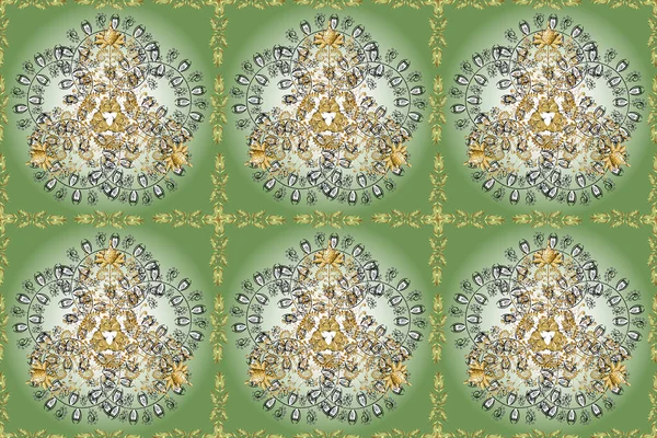Raster floral wedding decorative elements. Seamless pattern mehndi floral lace of buta decoration items on gray, neutral and green colors.