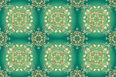 Yeşil, mavi ve bej renklerde altın elementlerle kusursuz desen. Raster oryantal süs. Kusursuz altın desen.