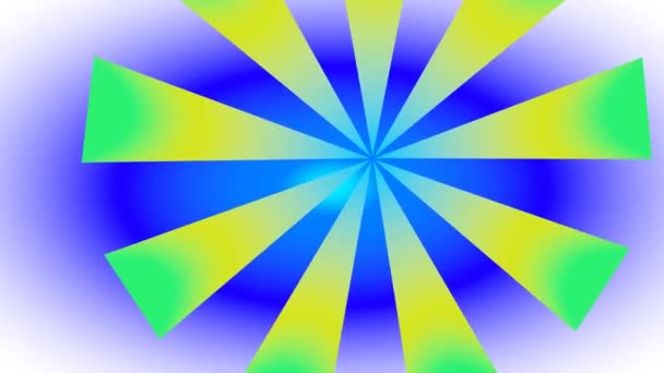 模糊蓝色背景上黄色和绿色旋转三角形的镜头 — 图库视频影像