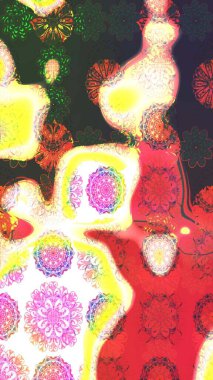 Raster illüstrasyonu. Renkli süs kenarı. Pembe ve yeşil renklerde. Hint süsü. Çiçek duvar kağıdı. Çizim deseni.