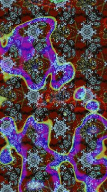 Çok mavi ve kahverengi zarif küçük çiçekler ve mavi ve kahverengi renkli komik böcekler, raster desen, illüstrasyon.