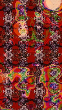 Renkli Bahar Teması eskiz kalıbı. Kahverengi ve kırmızı renkli şirin çiçek desenleri. Düz Çiçek Elementleri Tasarımı. Raster Modaya uygun kumaş deseni.