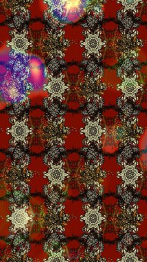 Raster illüstrasyonu. Kahverengi ve kırmızı renklerde bahar çiçekleri. Raster deseni. Patlayan çiçekler soyut yerleştirilmiş.