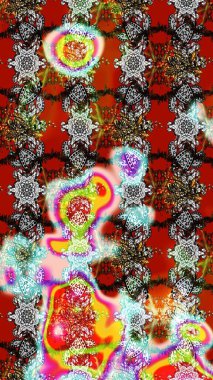 Çok renkli ve gri zarif küçük çiçekler ve kırmızı ve gri renkli komik böcekler, raster desen, illüstrasyon.