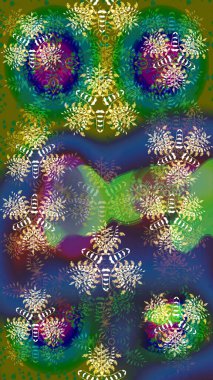 Yeşil ve mavi renkte çiçekler. Raster illüstrasyonu. Tropik, dikişsiz çiçek deseni..