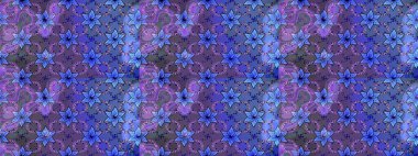 Raster illüstrasyonunda kusursuz çiçek deseni. Mor ve mavi renkte çiçekler.