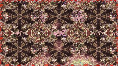 Asya tekstil tarzında. Raster illüstrasyonu. Raster illüstrasyonu. Kahverengi ve bej renkli çiçekler. Çiçek desenini çiz.