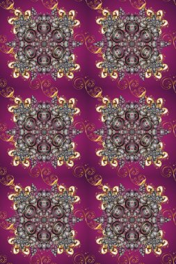 Süslü raster dekorasyonu. Lüks, kraliyet ve Viktorya dönemi konsepti. Mor, gri ve kahverengi renklerde altın element. Mor, gri ve kahverengi yerine altın rengi klasik barok çiçekli desenler..