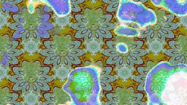 Raster illüstrasyonu. Çiçek desenli çizim. Yeşil ve mavi renkli Asyalı tekstil.