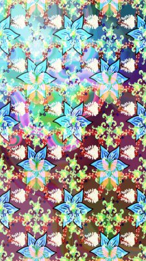 Floral wallpaper. Colorful ornamental border. Raster illustration. Indian ornament. Sketch pattern. On neutral and blue colors.