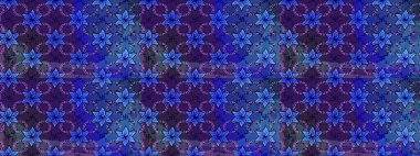 Mavi ve mor renklerde. Raster illüstrasyonu. 3D çiçekler, pürüzsüz.