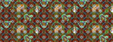 Çocuksu tasarım. Elle çizilmiş çiçek desenli Raster çizimi. Kahverengi ve yeşil arka planda. Tekstil, kumaş, ambalaj, hatıra defteri için güzel çiçek arkaplanı..