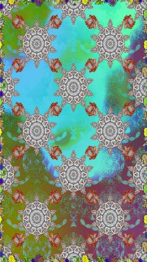 Çiçekleri, deniz kabukları, mandalaları ve suluboya efektleriyle donanma geçmişi. Yatak çarşafları, ceket, paket tasarımı, kumaş ve moda kavramları için tekstil baskısı. Kusursuz etnik tasarım.