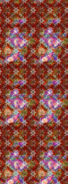 Parlak çiçekli kahverengi ve kırmızı renkler üzerine soyut çizim deseni. Çiçeksel elementlerle süslenmiş zarif raster dokusu. Küçük çiçekte şirin bir çiçek deseni var..