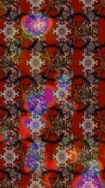 Soyut etnik raster çizim kalıbı. Arkaplan dokusu, duvar kağıdı, kahverengi ve kırmızı renkli çiçek teması. Kabile sanatı boho baskısı, klasik çiçek arkaplanı.