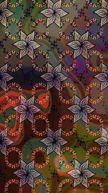 Moda baskıları için zarif bir şablon. Modern çiçek arkaplanı. Halk tarzı. Parlak renkli çiçekleri olan ve kahverengi ve yeşil renkli yaprakları olan inanılmaz bir çiçek deseni..