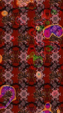 Raster deseni. Kahverengi ve kırmızı renklerde bahar çiçekleri. Patlayan çiçekler soyut olarak yerleştirilmiş. Raster illüstrasyonu.