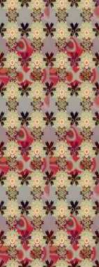 Tarafsız ve bej renklerde geleneksel halk çiçekleri demeti. Tekstil tasarımı için. Üzerinde gelincikler ve vadi zambakları olan renkli çiçek desenli nakış..