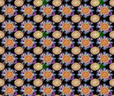 Çiçekli ipek eşarp. El çizimi çiçek unsurları olan soyut, dikişsiz raster deseni. 1950-1960 motifleri. Retro tekstil tasarım koleksiyonu. Siyah ve bej üzerine siyah ve bej.