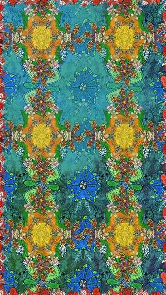 Çiçekli karalama şeklinde Raster çiçek deseni. Nazik, narin çiçek arkaplanı. Mavi ve yeşil renkte çiçekler.