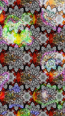 Asya tekstil tarzında. Gri ve siyah renkli çiçekler. Raster illüstrasyonu. Çiçek desenli çizim. Raster illüstrasyonu.