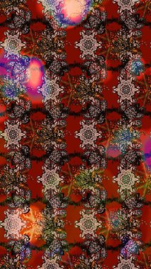 Üzerinde gelincikler ve vadi zambakları olan renkli çiçek desenli nakış deseni. Tekstil tasarımı için kırmızı ve kahverengi renkli geleneksel halk çiçekleri..