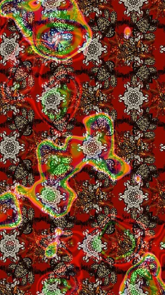 Raster çiçek izi. Çiçeksel kahverengi ve kırmızı çizim deseni. Klasik taslak çizimi.