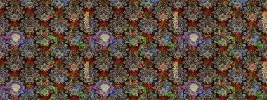 Gri ve kahverengi renkli çiçekler. Çiçek desenli çizim. Raster illüstrasyonu. Raster illüstrasyonu. Asya tekstil tarzında.