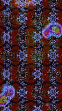 Kahverengi ve kırmızı renkte çiçekler. Raster illüstrasyonu. Çiçek desenli çizim. Raster illüstrasyonu. Asya tekstil tarzında.