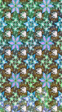 Eskiz modeli etnik tasarım. Yatak çarşafları, ceket, paket tasarımı, kumaş ve moda kavramları için tekstil baskısı. Çiçekleri, deniz kabukları, mandalaları ve suluboya efektleri olan deniz altyapısı.