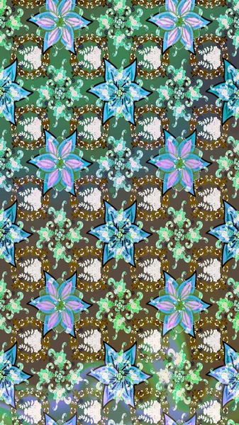 Eskiz modeli etnik tasarım. Yatak çarşafları, ceket, paket tasarımı, kumaş ve moda kavramları için tekstil baskısı. Çiçekleri, deniz kabukları, mandalaları ve suluboya efektleri olan deniz altyapısı.