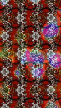 Renkli desenli eskiz deseni, kahverengi ve kırmızı çiçekler ve dekoratif elementler. Raster illüstrasyonu. Kumaş, tekstil, duvar kağıdı baskısı için. Eskiz geçmişi. Antika retro tarzı.